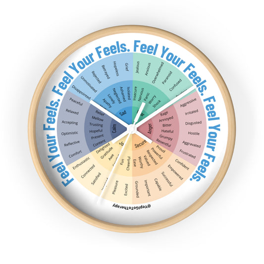 Emotion wheel wall clock designed by a therapist for emotional awareness and decor