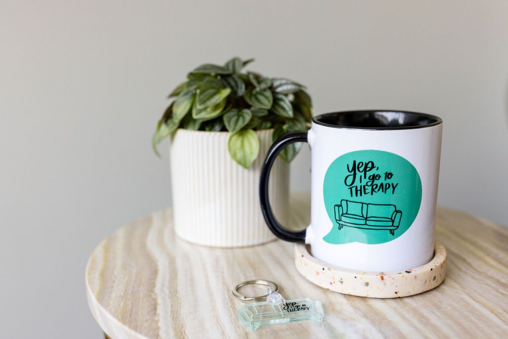 Handlettered Yep, I go to therapy mug