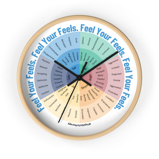 Emotion wheel wall clock designed by a therapist for emotional awareness and decor
